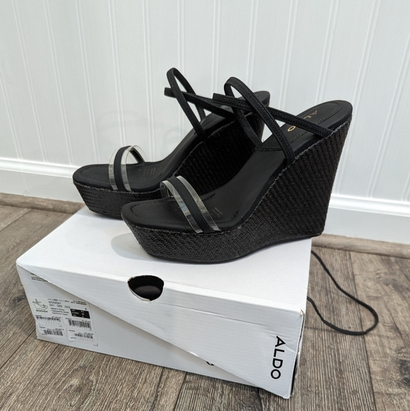 Aldo Size 8.5 Black Wedge Strappy Sandals Woven Platform Bodish - Picture 2 of 9